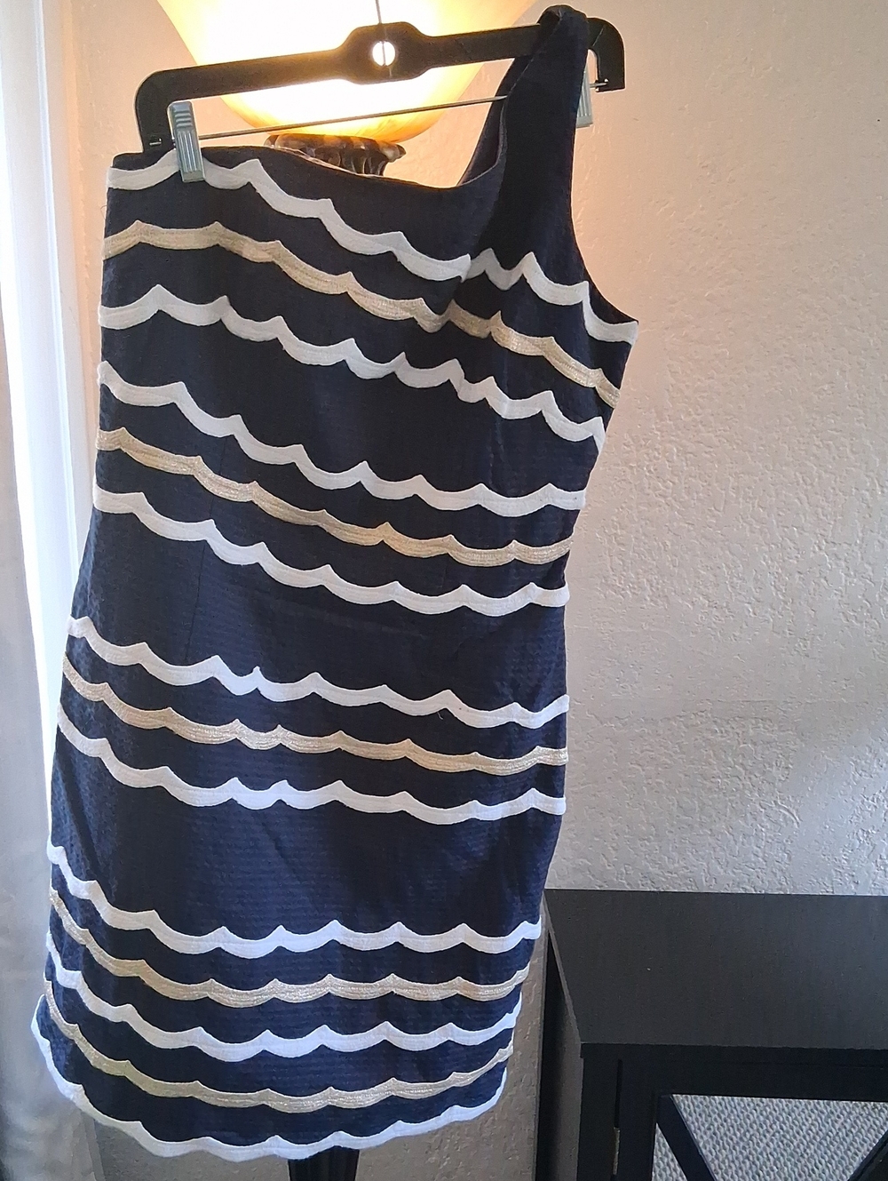 Lilly Pulitzer Navy One-Shoulder Wave Stripe Dress with Gold Accents